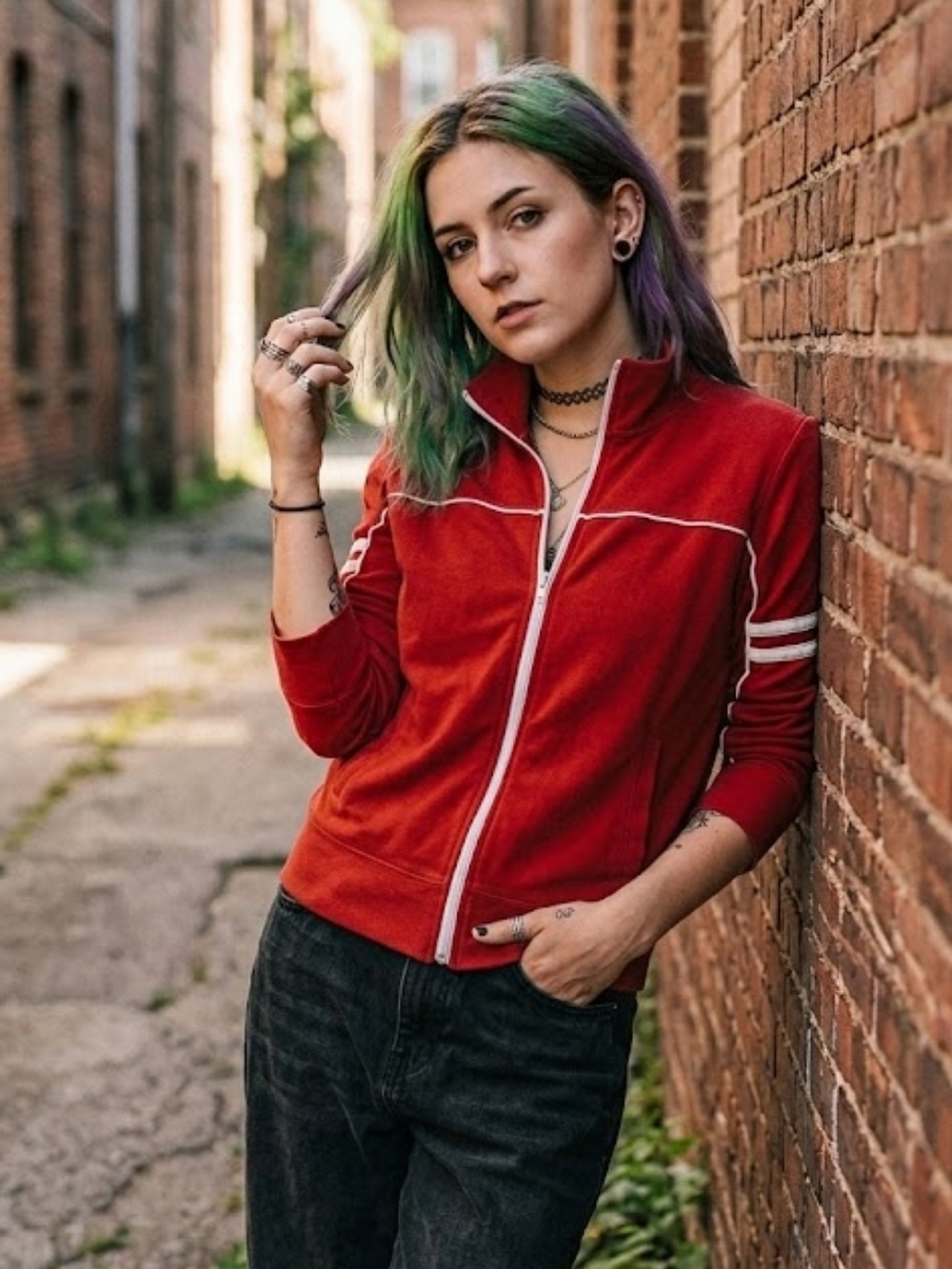 Vintage Anchor Blue Red Zip-Front Athletic Cardigan with White Trim Small y2k